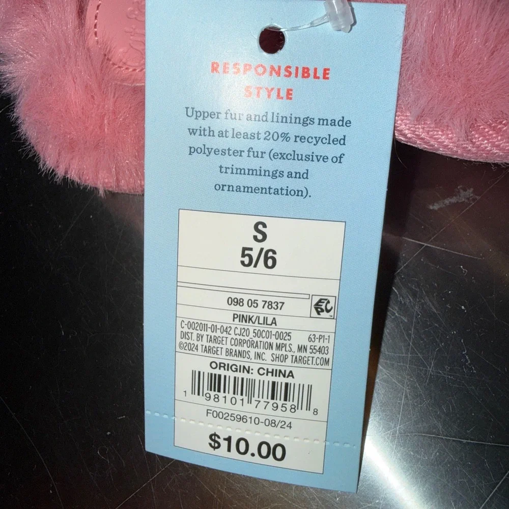 Cat & Jack Faux Fur Slippers Kids Size S 5/6 New Pink Metallic Elastic Strap